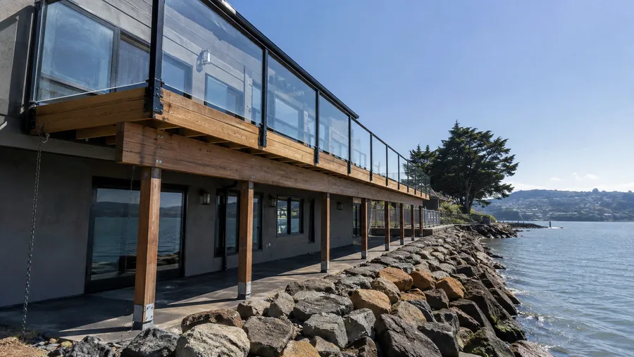 Coastal balcony with glass guardrails running along a shoreline elevation