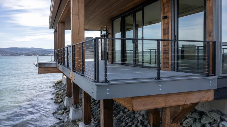 Coastal balcony structure with bolted fascia connections, timber posts on concrete piers and cable railing