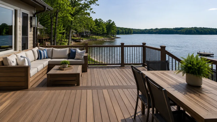 Lakefront deck with built-in seating, dining area and a railing framing the view