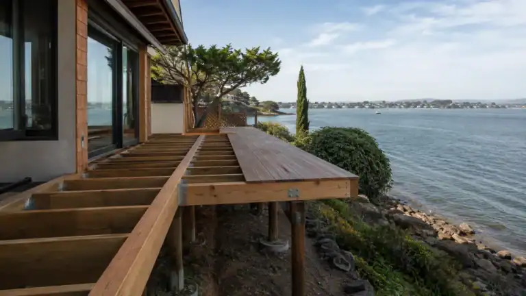 Waterfront deck frame projecting toward the shoreline on posts set into a rocky bank