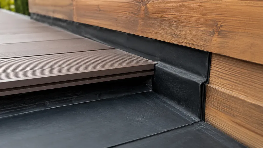 Deck edge showing membrane and metal flashing installed as one waterproofing system