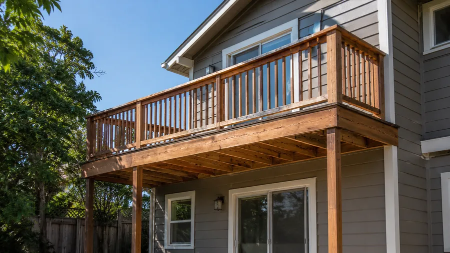 Wood balcony with picket guardrails carried on posts above a ground-floor patio