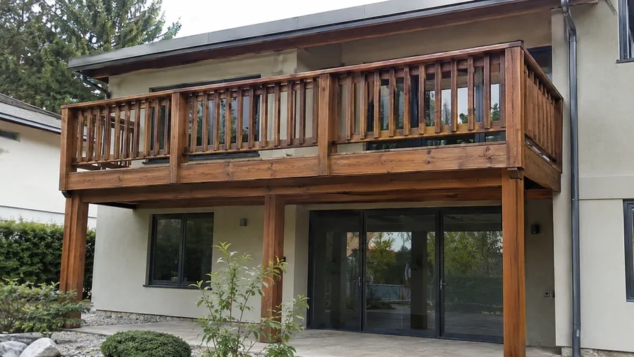 Modern wooden balcony with stained timber framing and matching picket guardrails