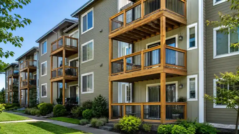 Wood-framed balconies stacked on every floor of a multifamily apartment building