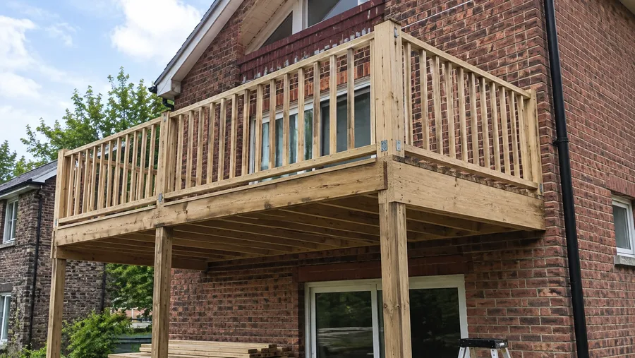 Pressure-treated wood balcony with picket guardrails and exposed joists against a brick wall