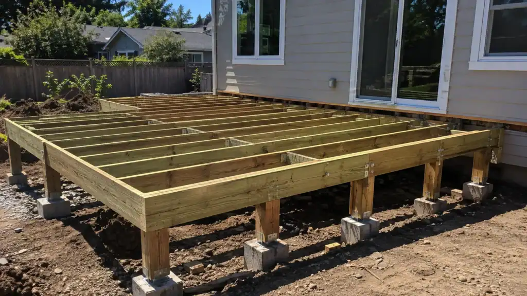 Wood deck frame with joists, beams and posts on concrete piers, before decking goes down