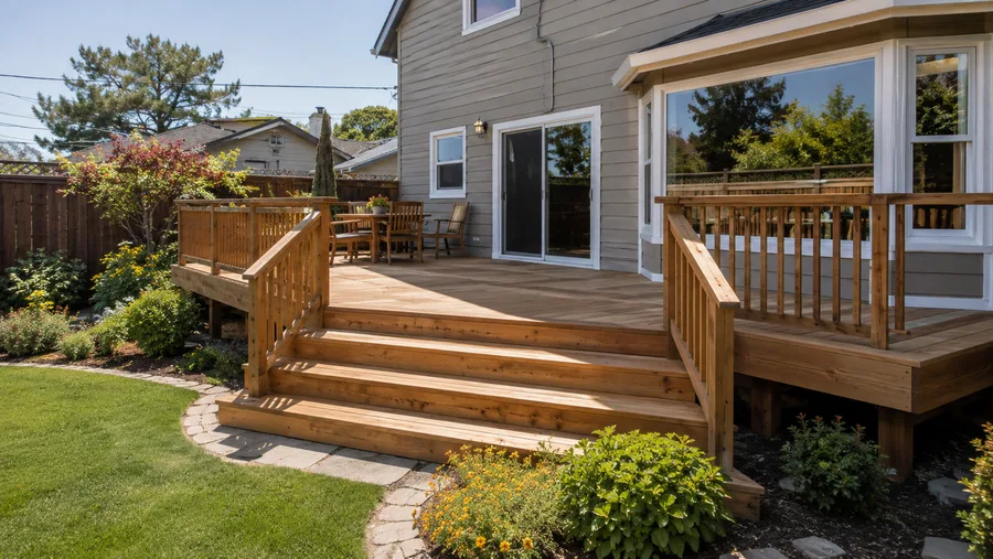 Finished wood deck with timber guardrails, wide steps and a landscaped edge