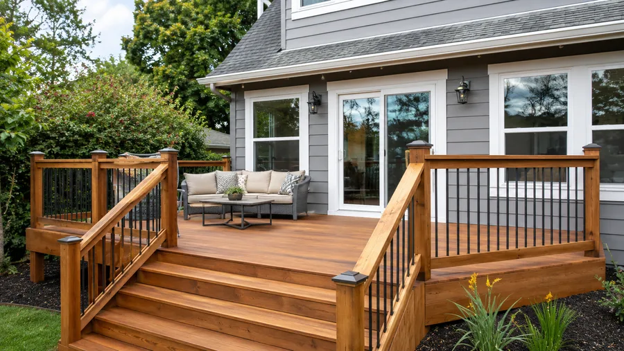Stained wood deck with timber rails, metal balusters and cascading steps