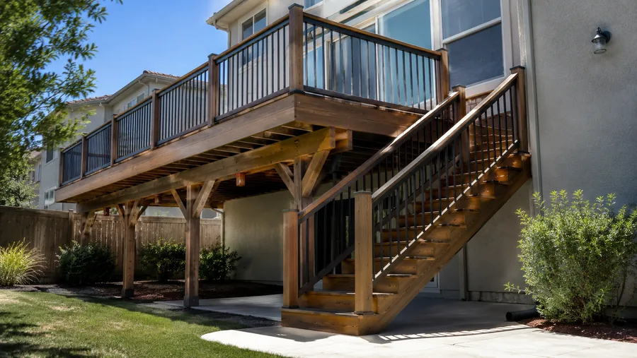 Elevated wood deck on posts with a full stair run and timber guardrails