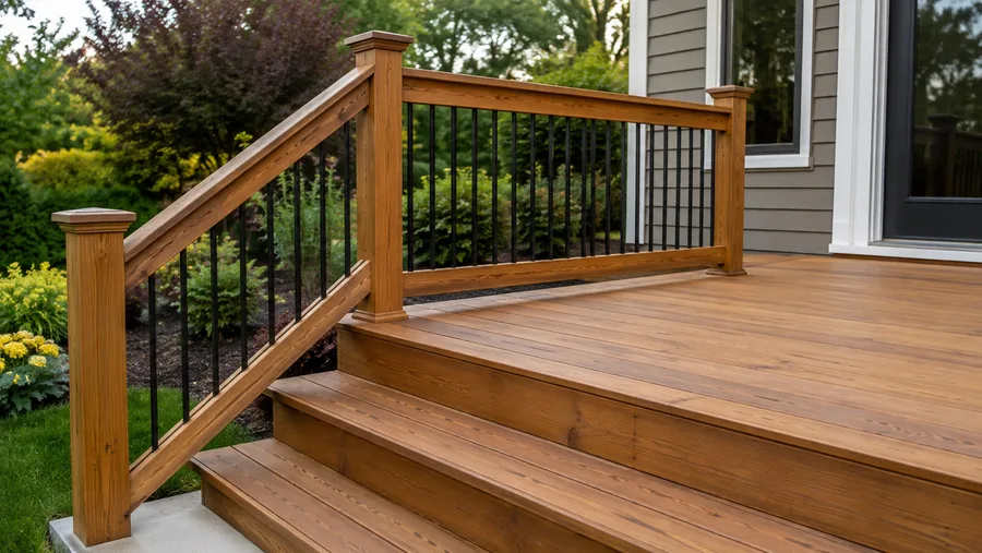 Close view of wood deck steps, timber handrail and metal baluster infill