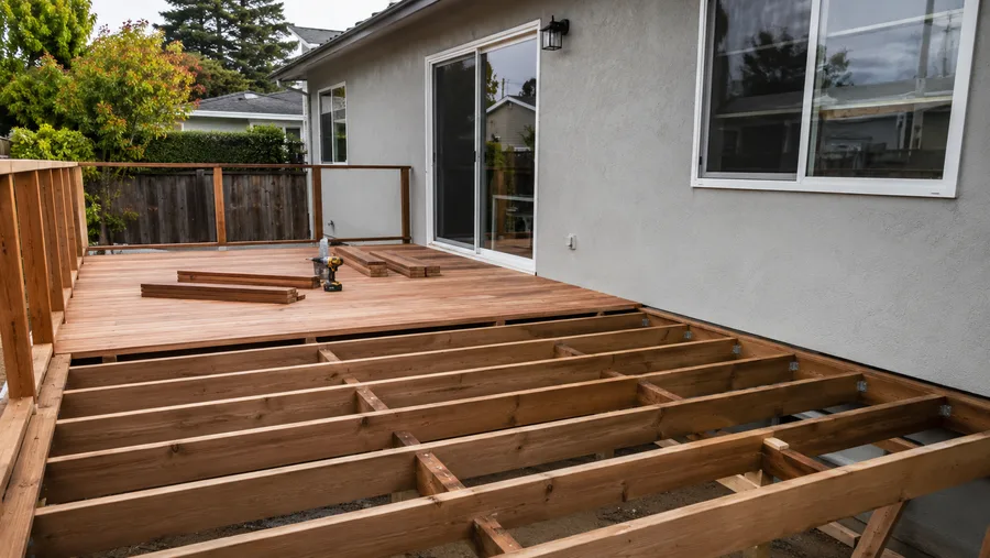 Redwood decking being laid over the joists, with boards stacked on the finished section