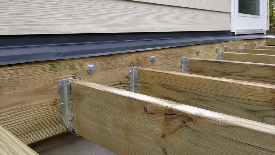 Wood deck ledger bolted to the wall with flashing over it, joist hangers and structural screws