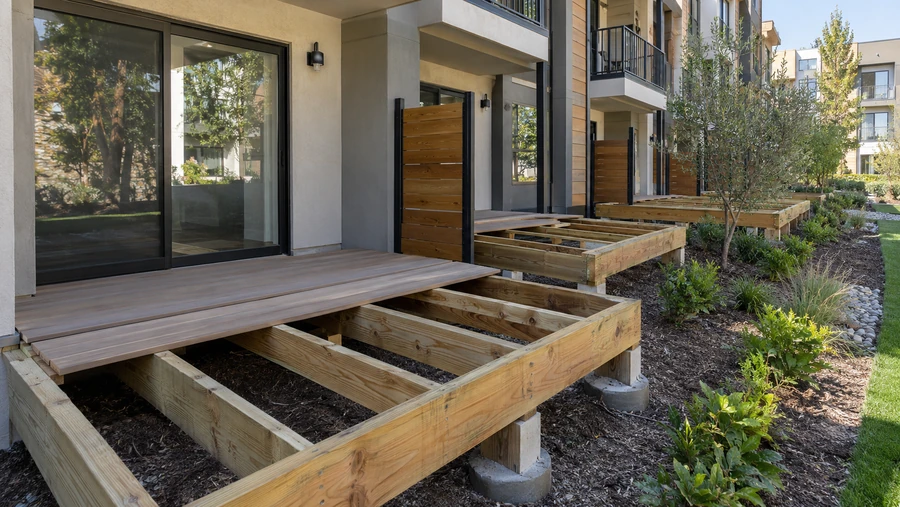 Ground-floor patio deck at an apartment building, half decked with new pressure-treated joists still exposed
