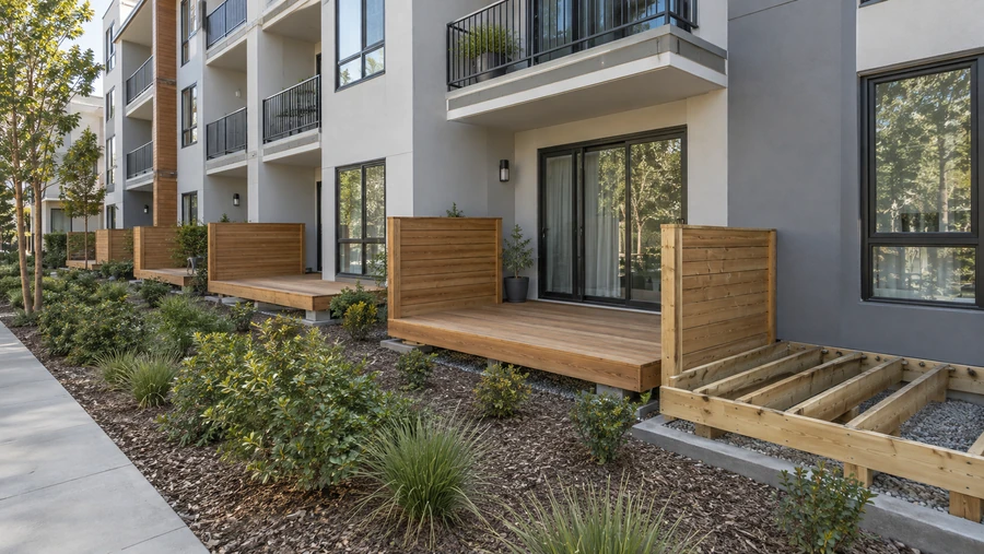 Row of ground-floor wood patio decks with privacy screens along an apartment building, one still framed