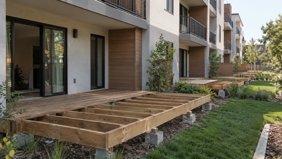 Wood deck boards laid over pressure-treated joists at a ground-floor apartment patio, outer bays still open