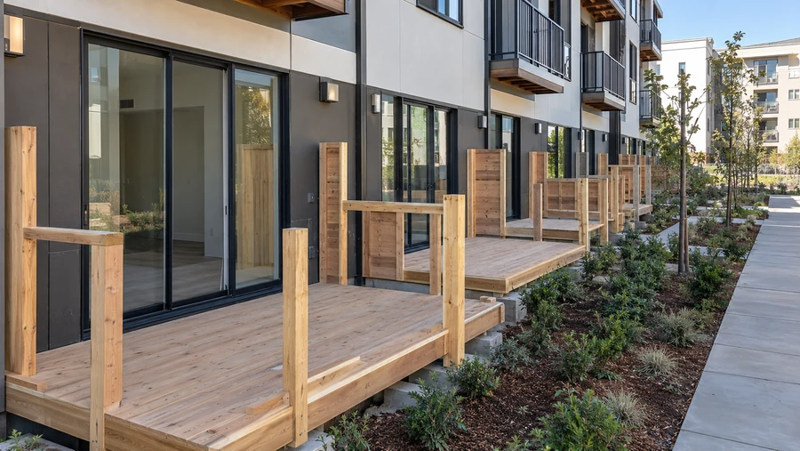 Row of finished wood patio decks with posts and privacy panels along ground-floor apartment units