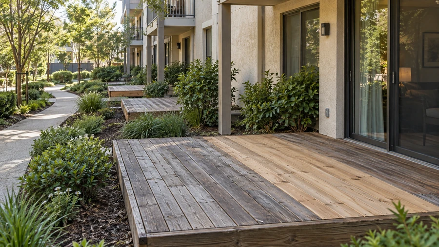 Ground-floor wood deck at a multi-unit building with several new replacement boards among weathered decking