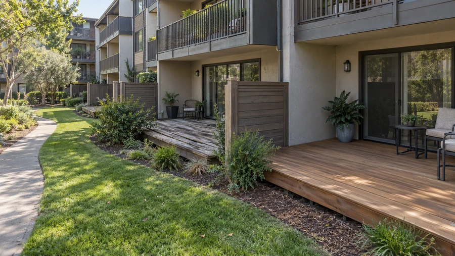 New wood deck outside a ground-floor unit next to an older weathered deck on the same multi-storey building