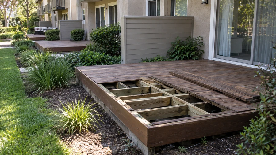 Ground-floor deck with boards removed, exposing new joists inside the old frame