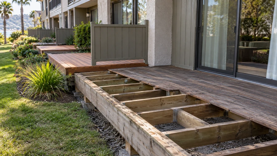 Ground-floor unit decks with old decking pulled back to show new joists and metal hangers on the frame