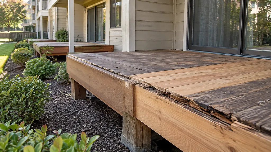 Close-up of a deck edge with a new rim board and fresh boards beside rotted, splintered old decking