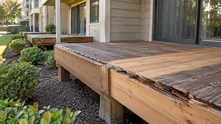 Close-up of a deck edge with a new rim board and fresh boards beside rotted, splintered old decking