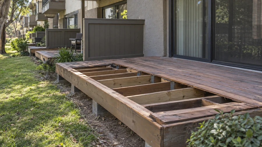 Deck at a ground-floor unit with front boards removed, showing new joists set in metal hangers