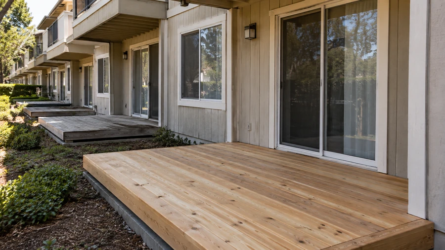 New light wood deck outside a ground-floor unit, with older grey decks at the neighbouring units