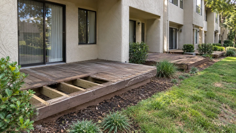 Weathered ground-floor deck with a section of boards lifted, showing new joists inside the old frame