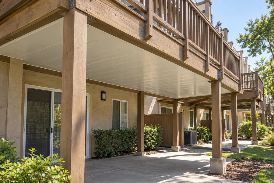 Wooden deck structure above a ground-floor patio at an apartment community