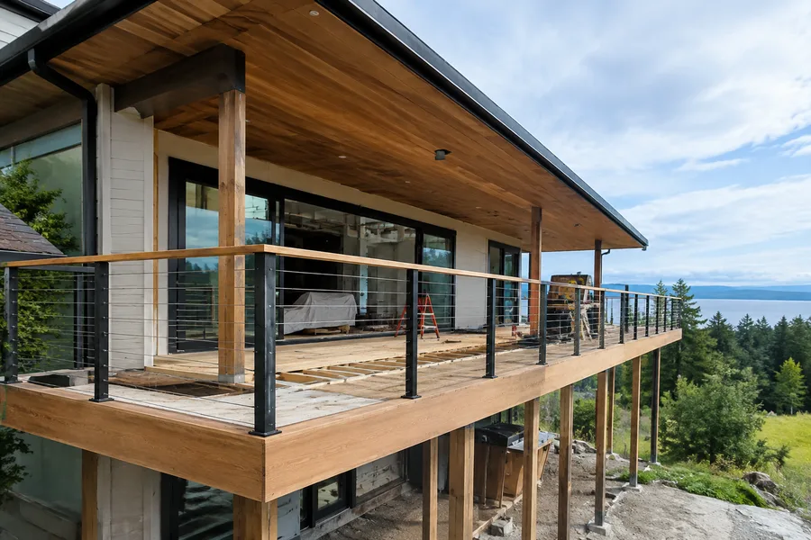 Wraparound balcony under construction, with exposed joists turning the corner and cable guardrails set
