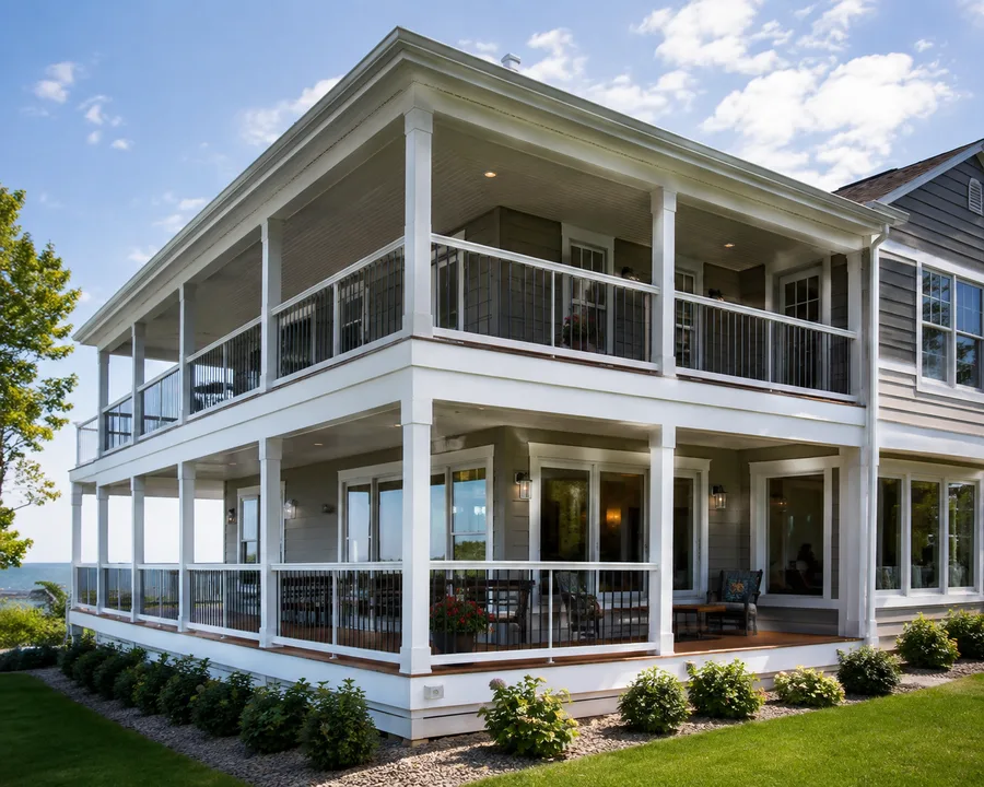 Two-level wraparound balcony carried on columns around a building corner