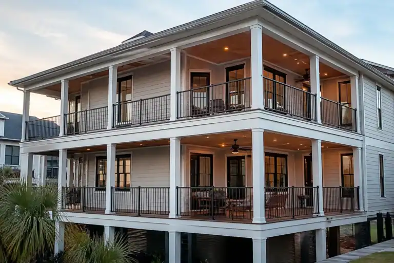 Wraparound balcony turning the building corner on two floors, carried on columns